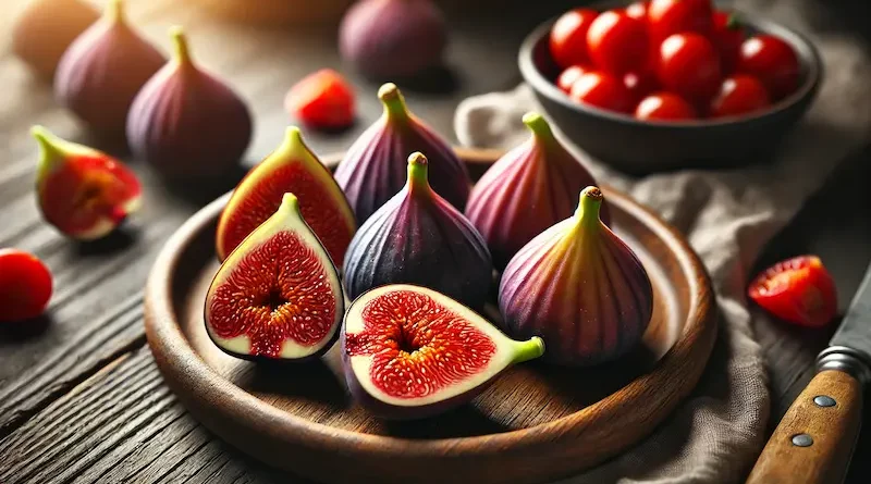 Close-up of figs on a wooden plate, one cut open showing the red interior, with cherry tomatoes in the background, emphasizing freshness and healthy eating.