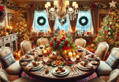 A beautifully decorated Christmas dining table with festive holiday décor, including a floral centerpiece with red roses, candles, and elegant place settings. The background features Christmas trees, garlands, and warm lighting, creating a cozy holiday atmosphere.