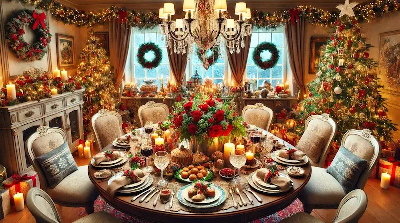 A beautifully decorated Christmas dining table with festive holiday décor, including a floral centerpiece with red roses, candles, and elegant place settings. The background features Christmas trees, garlands, and warm lighting, creating a cozy holiday atmosphere.