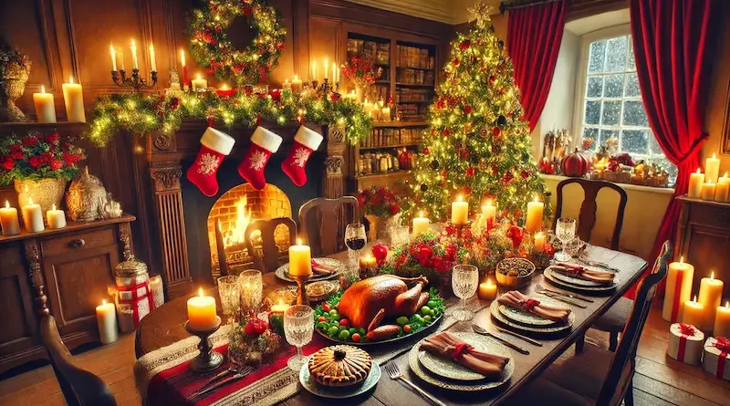 A festive Christmas-themed dining room with a beautifully set table, featuring a roasted turkey, pies, and various dishes. The room is decorated with candles, a Christmas tree with ornaments, and a cozy fireplace adorned with stockings.