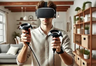 A young man wearing a virtual reality (VR) headset and holding two VR controllers, standing in a modern living room. The room has soft lighting and minimalist decor, including plants and shelves.