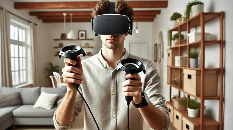 A young man wearing a virtual reality (VR) headset and holding two VR controllers, standing in a modern living room. The room has soft lighting and minimalist decor, including plants and shelves.