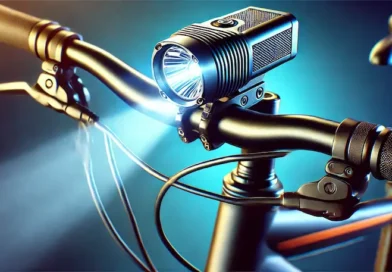 Close-up of a bicycle handlebar with a mounted headlight emitting a bright light, set against a vibrant blue background.