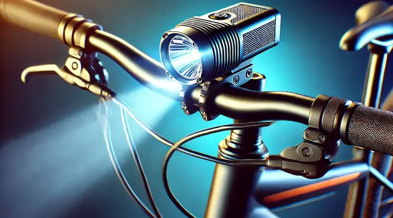 Close-up of a bicycle handlebar with a mounted headlight emitting a bright light, set against a vibrant blue background.