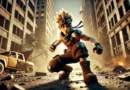 A stylized animated character with spiky blond hair crouching in a battle-ready stance in a post-apocalyptic city with damaged buildings and rubble around.