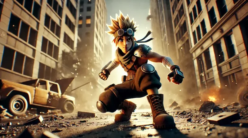 A stylized animated character with spiky blond hair crouching in a battle-ready stance in a post-apocalyptic city with damaged buildings and rubble around.