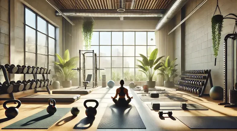 A peaceful gym setting with a person meditating on a yoga mat, facing large windows with sunlight streaming in. The gym is equipped with weights, kettlebells, and green plants around, creating a serene atmosphere.