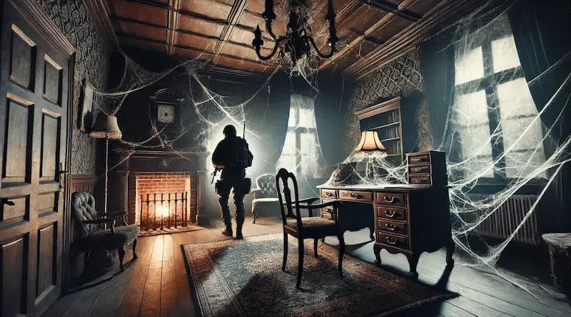 An eerie, abandoned mansion room with a tactical figure, cobwebs, and a dimly lit fireplace casting shadows.