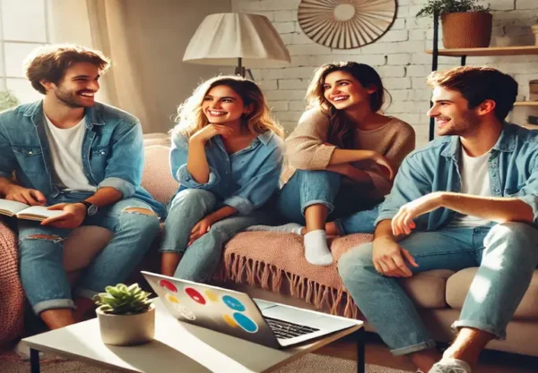 A group of four friends sitting in a cozy living room, chatting and laughing. One holds a notebook, another uses a laptop covered with stickers. They are all enjoying a light-hearted conversation in a well-lit, comfortable space, creating a warm and friendly atmosphere.