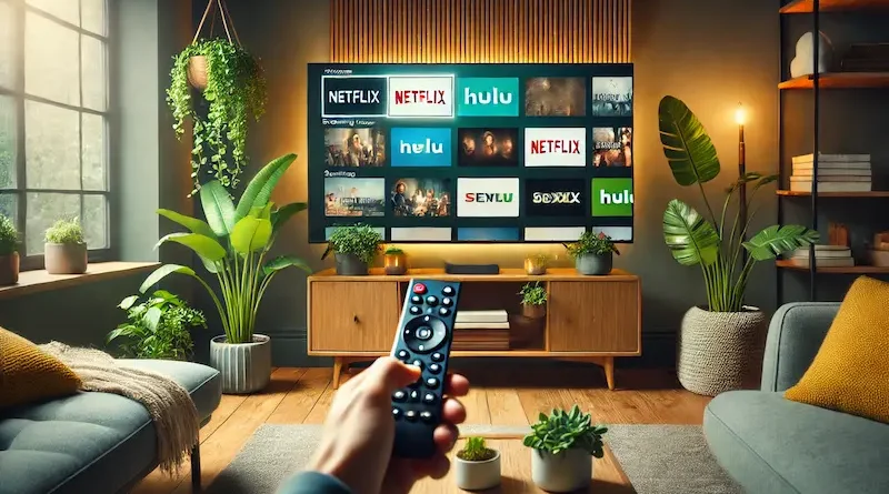 A cozy living room with a person holding a remote control directed towards a modern television, which displays various streaming services such as Netflix and Hulu. The room is beautifully decorated with green indoor plants and features a wooden TV stand.