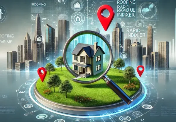 A futuristic cityscape with a large magnifying glass focusing on a house surrounded by greenery, with red location pins and digital elements representing real estate and technology. The words "roofing near me" and "roofing rapid url indexer" are displayed in the background.