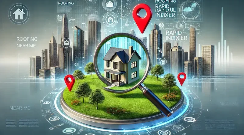 A futuristic cityscape with a large magnifying glass focusing on a house surrounded by greenery, with red location pins and digital elements representing real estate and technology. The words "roofing near me" and "roofing rapid url indexer" are displayed in the background.