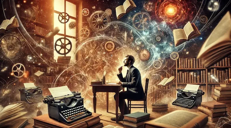 A writer in a classic study surrounded by floating books, typewriters, and creative symbols in a warm, magical atmosphere