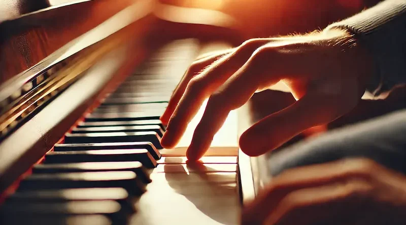 A close-up of a hand playing piano keys with soft lighting and warm tones, creating an intimate atmosphere.