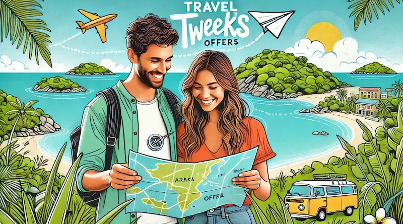 A couple looks at a map near an ocean with islands in the background, featuring "Travel Tweaks Offers" text and playful travel icons, conveying a sense of adventure and exploration.