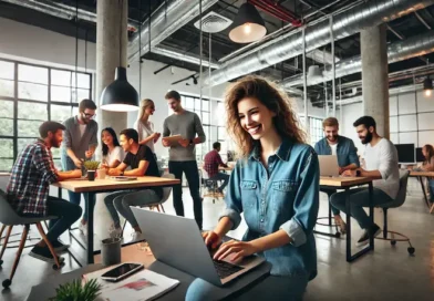 A group of young professionals collaborating in a modern office setting. A smiling woman works on her laptop while colleagues gather around discussing a project in the background.