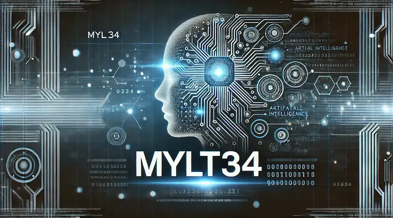 Futuristic image with "MYLT34" in bold white text, featuring a human head with circuits and gears, symbolizing AI, set against a background of digital lines and binary code.