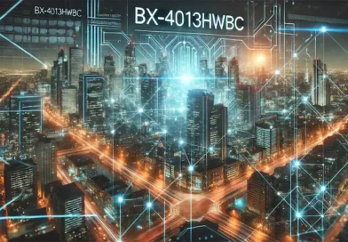 A futuristic cityscape at night with glowing digital lines and neon-lit skyscrapers, representing a smart city connected by advanced technology. The text "BX-4013HWBC" is displayed in bold across the top.