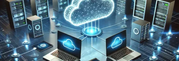 A futuristic cloud computing concept featuring laptops, tablets, and servers all connected to a glowing cloud icon via digital data lines, representing data storage and connectivity.