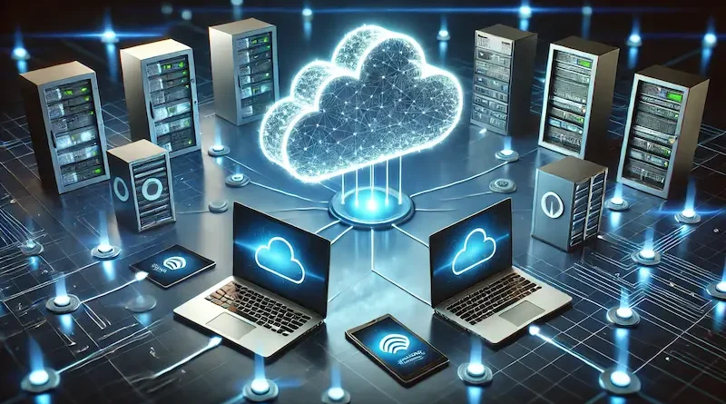 A futuristic cloud computing concept featuring laptops, tablets, and servers all connected to a glowing cloud icon via digital data lines, representing data storage and connectivity.