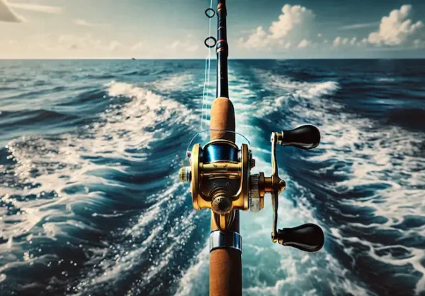 A close-up view of a fishing rod with a gold reel mounted, extending out over the deep blue ocean with waves trailing behind a boat under a clear sky.