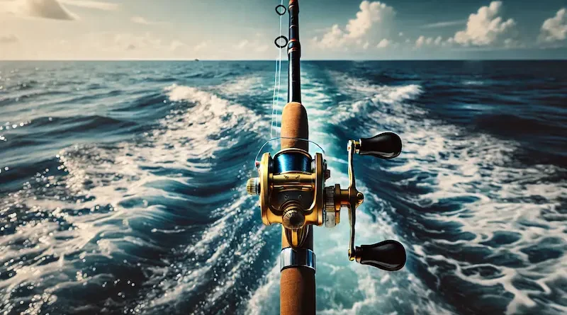 A close-up view of a fishing rod with a gold reel mounted, extending out over the deep blue ocean with waves trailing behind a boat under a clear sky.