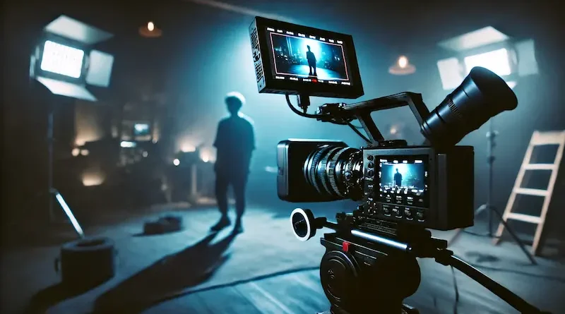 A video camera on a film set captures a silhouette of a person in the background, surrounded by dramatic blue and purple lighting.