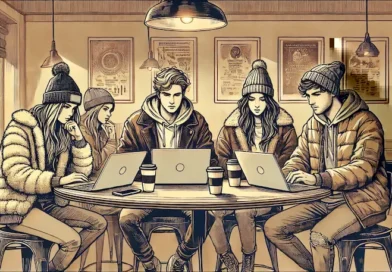 Four young adults in casual winter clothing sit side-by-side at a cozy café table, each focused on their laptop screens. They wear beanies and jackets, creating a warm and relaxed vibe. The background includes dim lighting, posters on the wall, and coffee cups on the table, capturing an artistic and inviting café atmosphere.