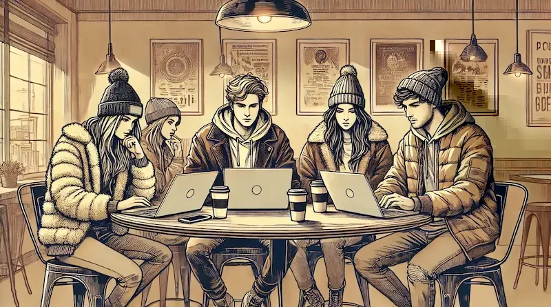 Four young adults in casual winter clothing sit side-by-side at a cozy café table, each focused on their laptop screens. They wear beanies and jackets, creating a warm and relaxed vibe. The background includes dim lighting, posters on the wall, and coffee cups on the table, capturing an artistic and inviting café atmosphere.