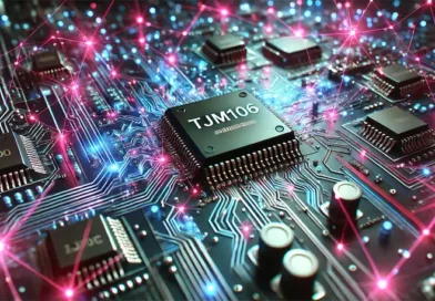 A detailed view of a circuit board with the label 'TJM106' surrounded by vibrant pink and blue lights, highlighting advanced technology and connectivity.