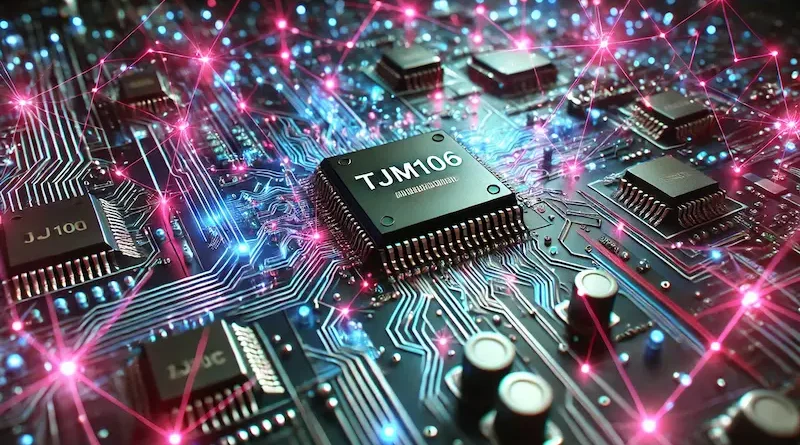 A detailed view of a circuit board with the label 'TJM106' surrounded by vibrant pink and blue lights, highlighting advanced technology and connectivity.