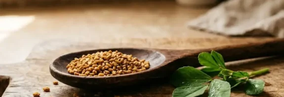 Golden brown foenegriek seeds scattered on a wooden spoon with fresh fenugreek leaves on a rustic kitchen surface