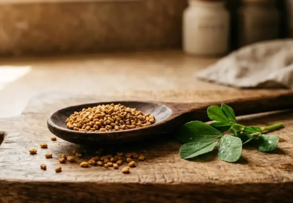 Golden brown foenegriek seeds scattered on a wooden spoon with fresh fenugreek leaves on a rustic kitchen surface