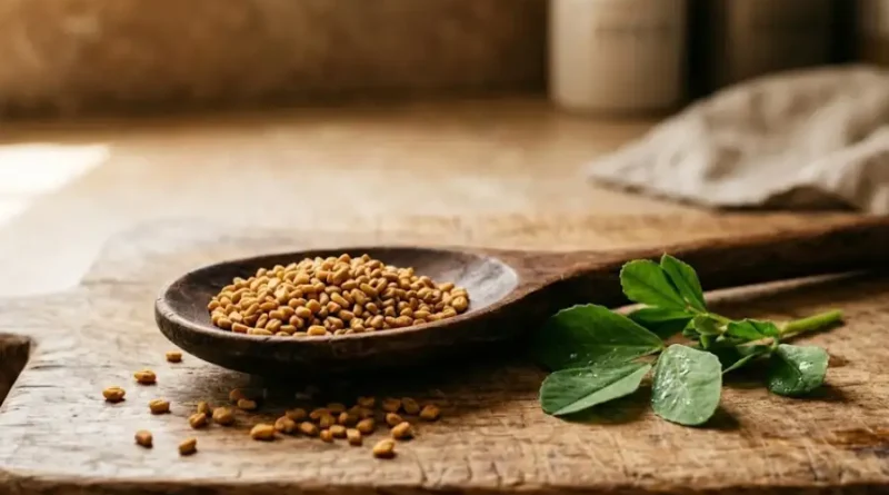 Foenegriek: Benefits, Uses, Side Effects, and How to Take It 1 Golden brown foenegriek seeds scattered on a wooden spoon with fresh fenugreek leaves on a rustic kitchen surface