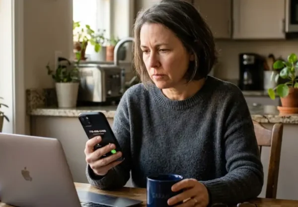 Worried woman at her kitchen table looking at an unknown incoming call from 7186980499 on her smartphone screen.