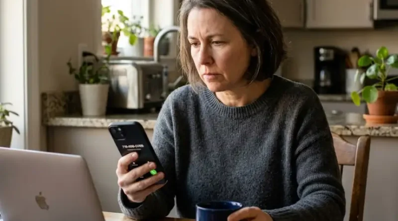Worried woman at her kitchen table looking at an unknown incoming call from 7186980499 on her smartphone screen.