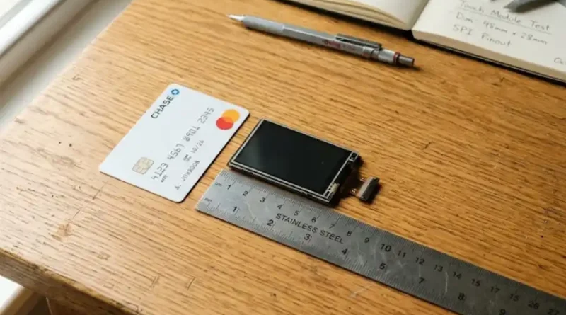 A metal ruler showing 82.51x63 mm dimensions alongside a credit card and a small touchscreen module on a wooden desk