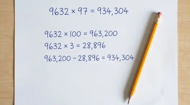 Handwritten solution of 9632x97 equals 934,304 on white paper with a pencil beside it