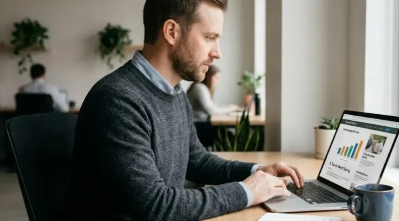 Dave Watkin Aggreg8 co-founder working on personal finance blog content at a modern desk