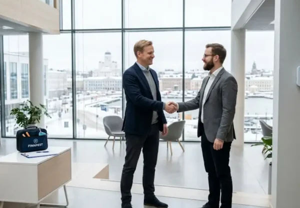 Two business professionals shaking hands inside a modern Finnish office building with pest control equipment and an indoor air quality monitor visible in the background, representing the Anticimex Oy and Indoor Quality Service Oy acquisition strategy.