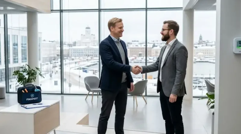 Two business professionals shaking hands inside a modern Finnish office building with pest control equipment and an indoor air quality monitor visible in the background, representing the Anticimex Oy and Indoor Quality Service Oy acquisition strategy.