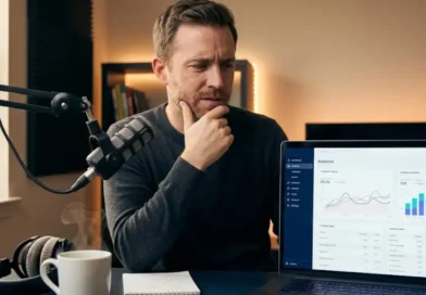 Podcaster reviewing analytics dashboard on laptop at home studio desk while thinking about pricing decision.