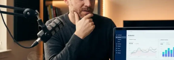 Podcaster reviewing analytics dashboard on laptop at home studio desk while thinking about pricing decision.