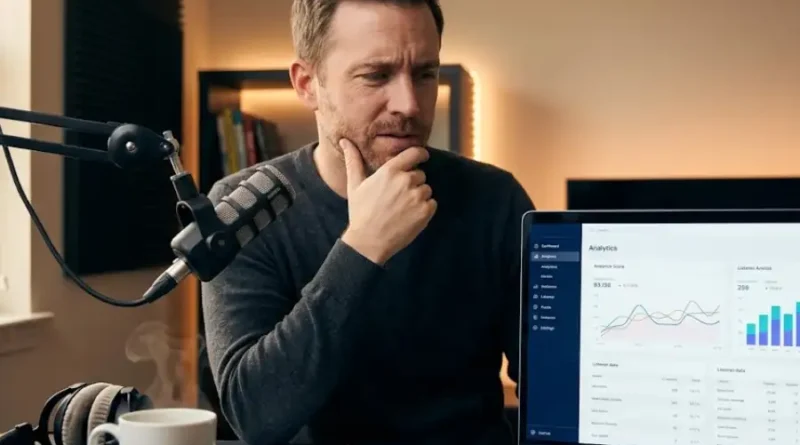 Podcaster reviewing analytics dashboard on laptop at home studio desk while thinking about pricing decision.