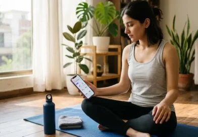 Woman checking a personalized workout plan on her phone while sitting on a yoga mat at home