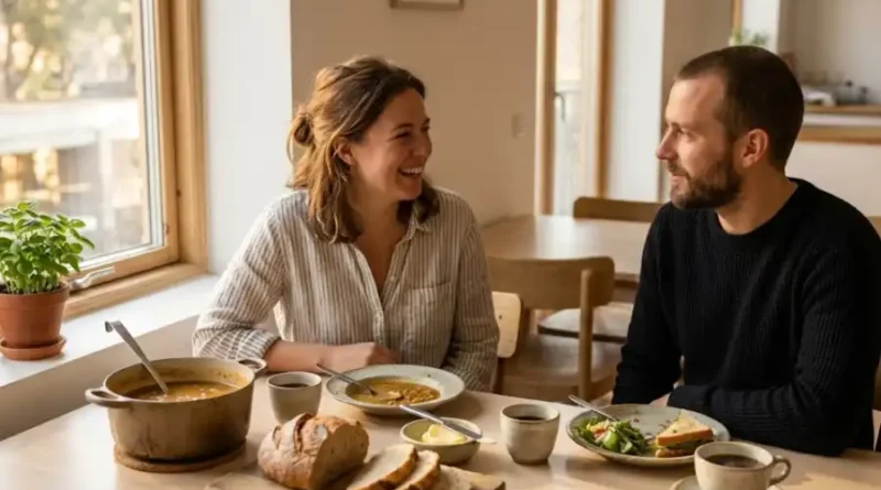 Two friends sharing a casual Swedish lunch at a sunlit wooden table with simple homemade food, fresh bread, and coffee cups