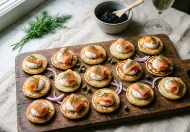 Freshly cooked blinejä topped with sour cream, smoked salmon, and fresh dill on a wooden serving board
