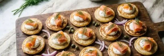 Freshly cooked blinejä topped with sour cream, smoked salmon, and fresh dill on a wooden serving board