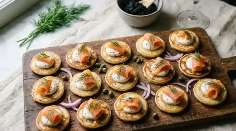 Freshly cooked blinejä topped with sour cream, smoked salmon, and fresh dill on a wooden serving board