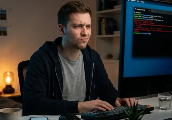 Developer at a dim home office looking suspiciously at a terminal error message on his computer screen late at night.